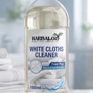 Harbalon White Clothes Cleaner 1000ml bottle with white cloth cleaning background