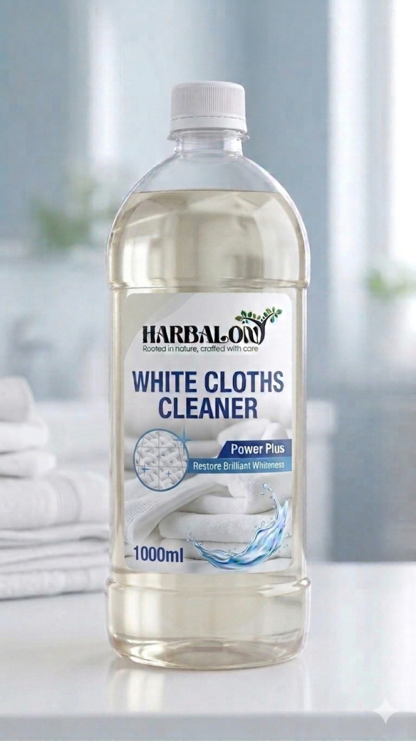 Harbalon White Clothes Cleaner 1000ml bottle with white cloth cleaning background