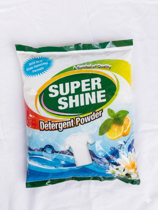 Super Shine Detergent Powder packet with fresh citrus and mint fragrance, High quality laundry washing powder for stain removal and bright clothes