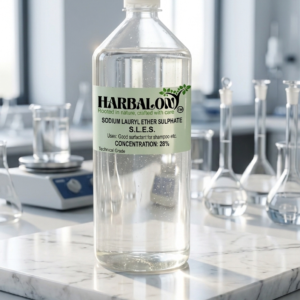Harbalon brand Sodium Lauryl Ether Sulphate Liquid 28% concentration in a clear bottle, displayed in a laboratory setting.