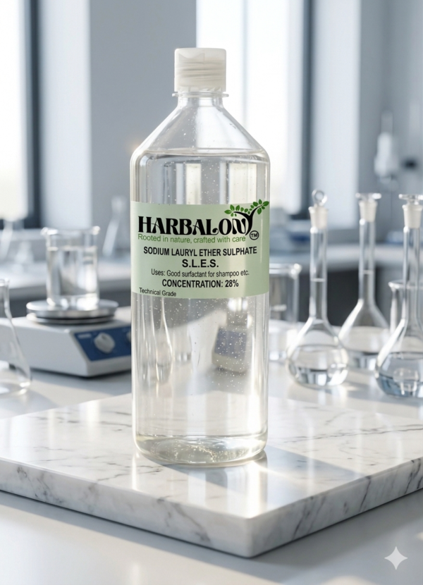 Harbalon brand Sodium Lauryl Ether Sulphate Liquid 28% concentration in a clear bottle, displayed in a laboratory setting.