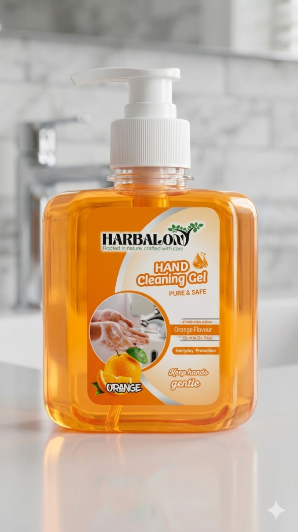 Harbalon Hand Cleaning Gel orange flavor clear pump bottle on kitchen counter