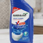 Harbalon Toilet Cleaner Power Plus 10X Advanced blue bottle on a bathroom counter