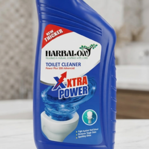 Harbalon Toilet Cleaner Power Plus 10X Advanced blue bottle on a bathroom counter