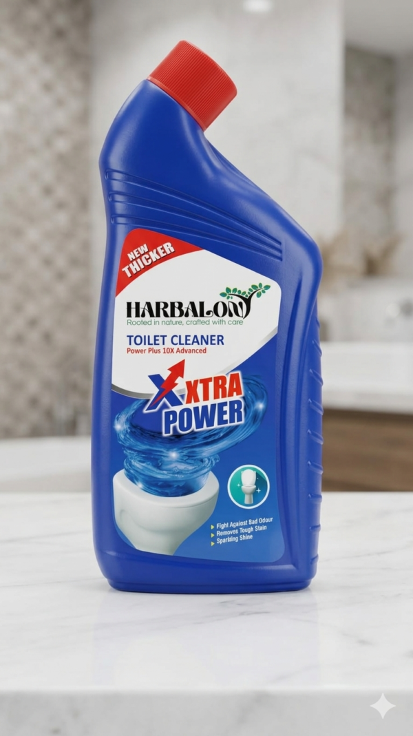 Harbalon Toilet Cleaner Power Plus 10X Advanced blue bottle on a bathroom counter